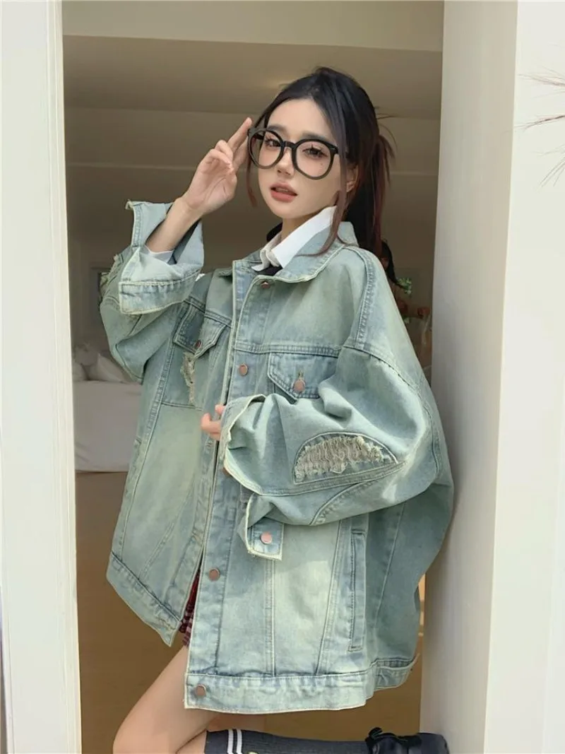 Wear and Tear Hole Light Gray Blue Denim Jacket 2024 Women's Early Spring Design Sense Versatile Loose BF Style High-end Jackets