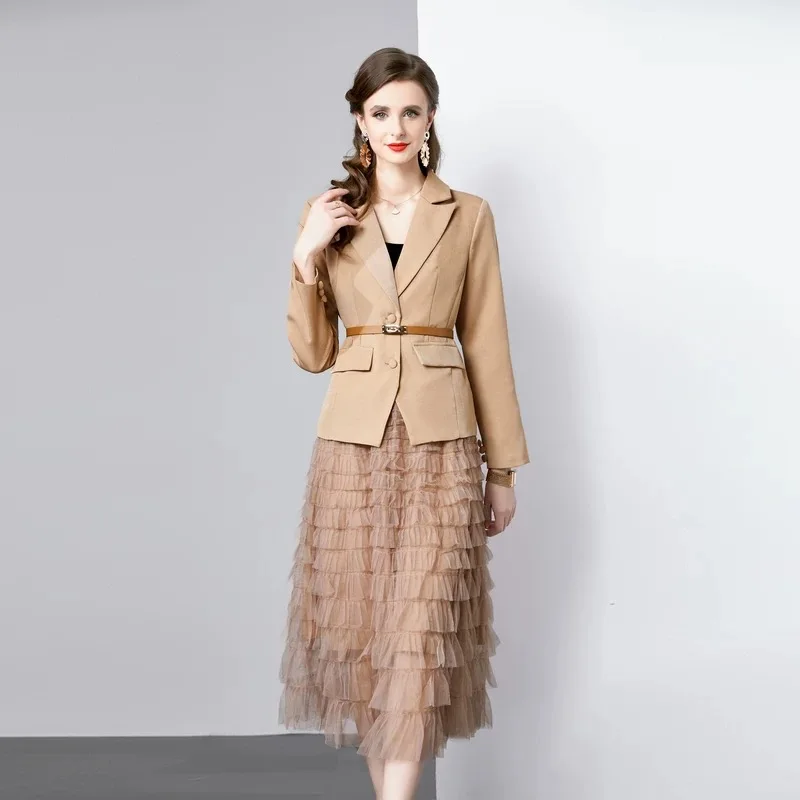 

Women Elegant Blazer Skirt Suits Lady Autumn Winter Business Office OL 2-pc Sets Charm Cake Layers Skirts Suit Waist Belt Blazer
