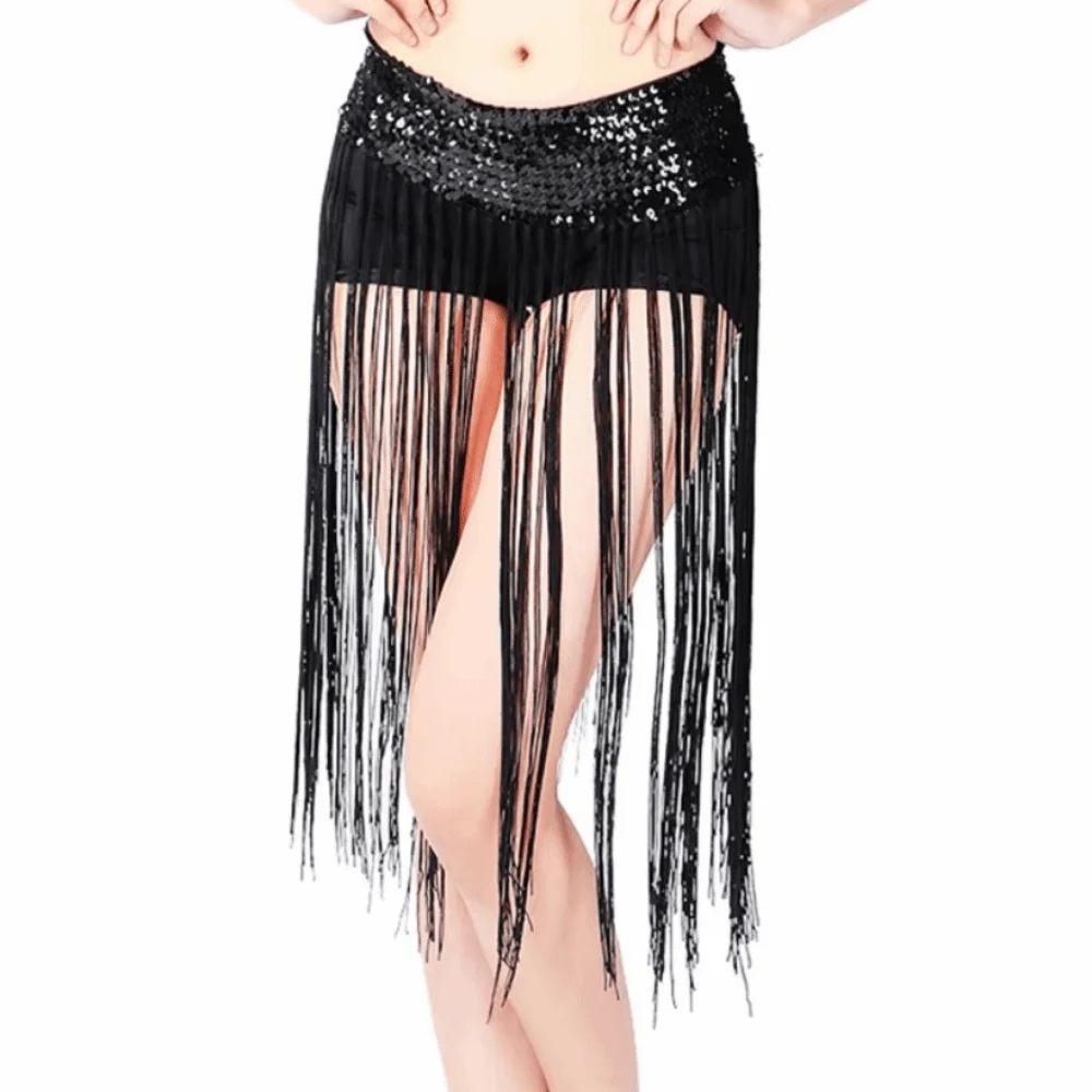 Boho Creative Belly Dance Belt Glitter Sequins Wrap Skirt Sequin Waist Chain Long Tassel Classic Hip Scarf Skirt Belly Dancing