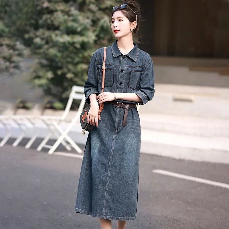 Denim jurk dames lente en herfst nieuw temperament hoog gevoel kleine mode buitenlandse stijl vroege lente shirt rok mooi