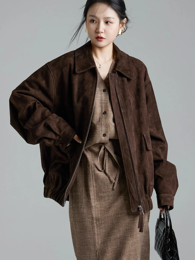 Vestes Vintage en daim et cuir véritable pour femmes, nouveau manteau haut de gamme, Simple, solide, ample, décontracté, en peau de mouton véritable, automne hiver 2025