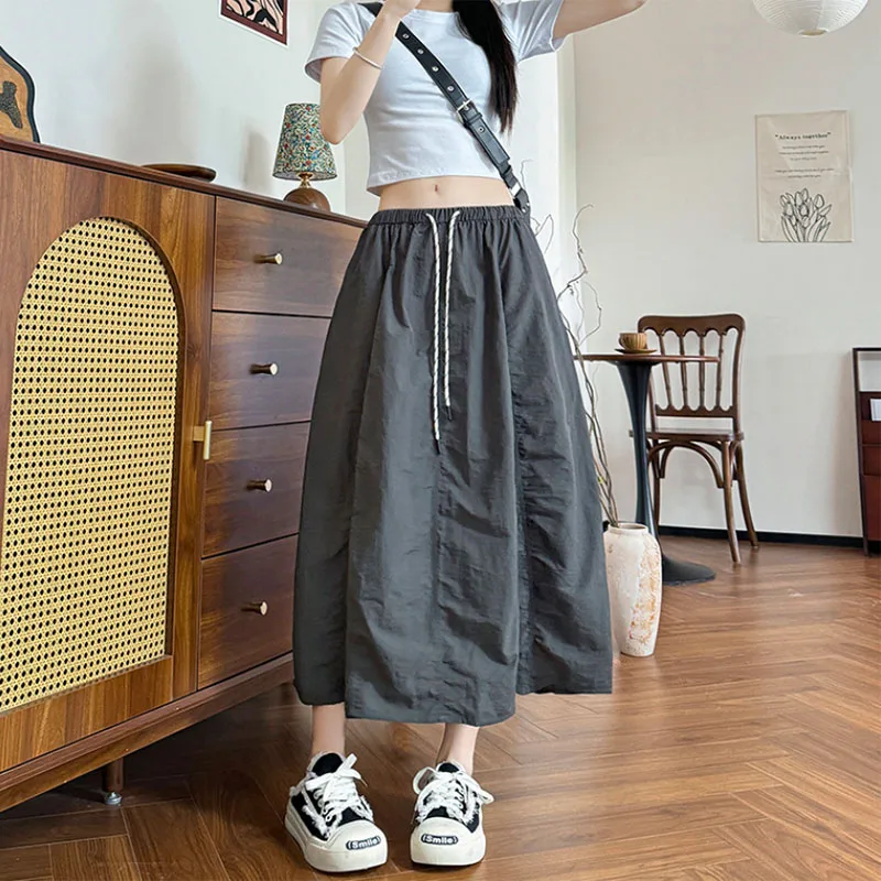 Damskie luźne spódnice spadochronowe Harajuku Vintage Streetwear ze sznurkiem, długa spódnica damska letnia z elastyczną talią, jednolite spódnice maxi