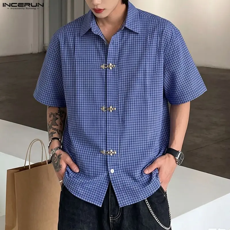 INCERUN Men's Plaid Shirt Short Sleeve Button Loose Men Clothes Summer Streetwear 2026 Fashion Casual Tops Korean Style Shirts