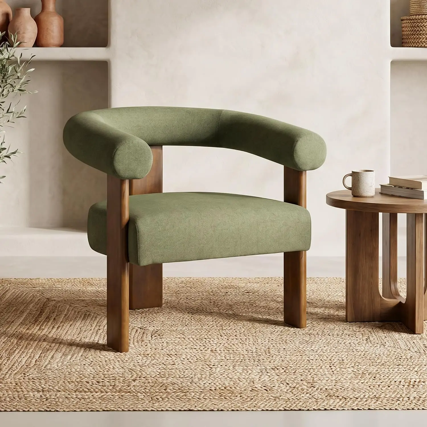 Usaint Barrel Accent Chair with Walnut Wood Legs & Armrests, Customized
