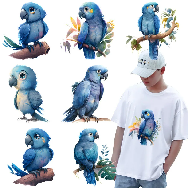 22cm blue parrot cute animal DTF sticker combination pattern heat transfer patch clothing accessories ironing sticker