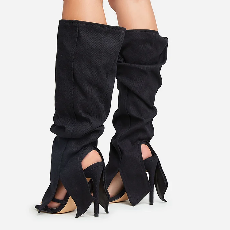 Black Folded Strap Boot Classic Square Toe Stiletto Heel Knee High Sandal Boots Summer Open Toe Cool Girl Party Casual Shoes