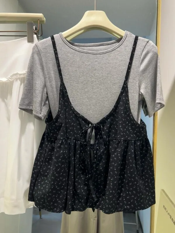 

Summer New Sweet Korean Style Floral Knot Tie Top Tank Vest Layered Short Sleeve T-Shirt Two-Piece Set Women