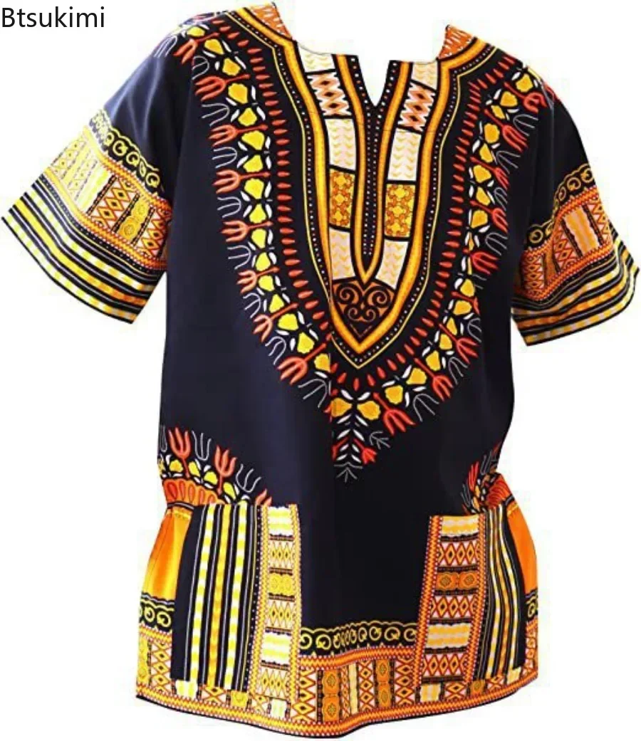 2024 African Dashiki Cotton Shirts Men Festival Clothing Fashion Retro Short Sleeve Print Shirts Bohemian Craft Clothes Shirts