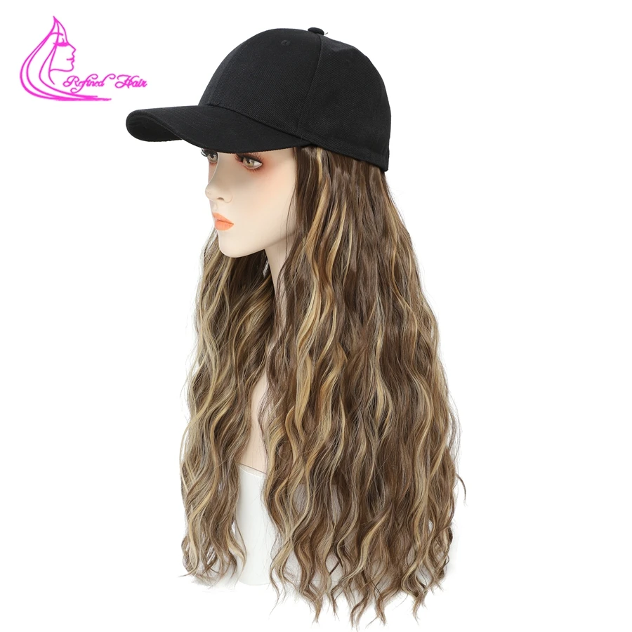 Synthetic Wavy Wig Baseball Cap With Natural Wave Hair Extensions Black White Hat Wigs for Women Girls Black Brown Blonde color