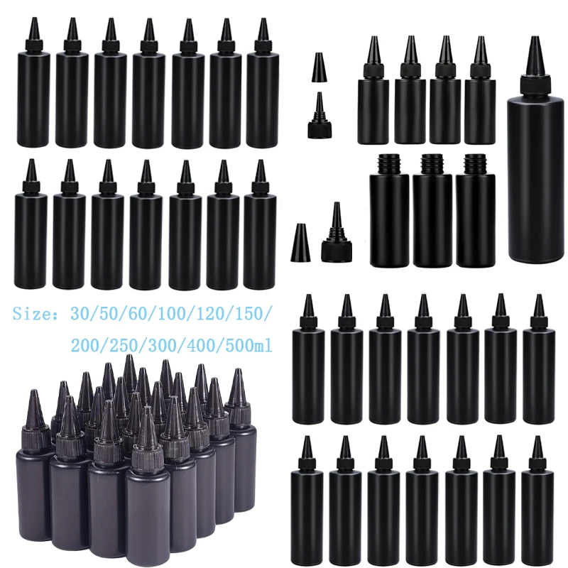 

20 шт. пустых черных пластиковых флаконов для чернил объемом 30-500 мл с длинным носиком и крышкой, многоразовые контейнеры для клея, краски, смолы