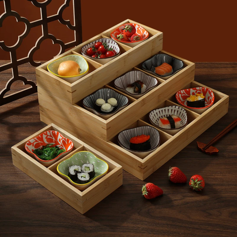 Japanese 9-compartment Tray Bamboo Compartment Dinner Plate Hotpot Side Dishes Fruit Snacks Dessert Shushi Tableware