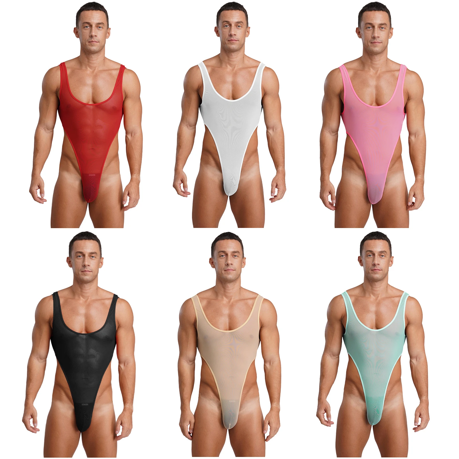 

Mens Sheer Mesh Bodysuit Sleeveless Open Back Bulge Pouch High-Cut One-piece Singlets Leotard Jumpsuit for Nightclub Nightwear