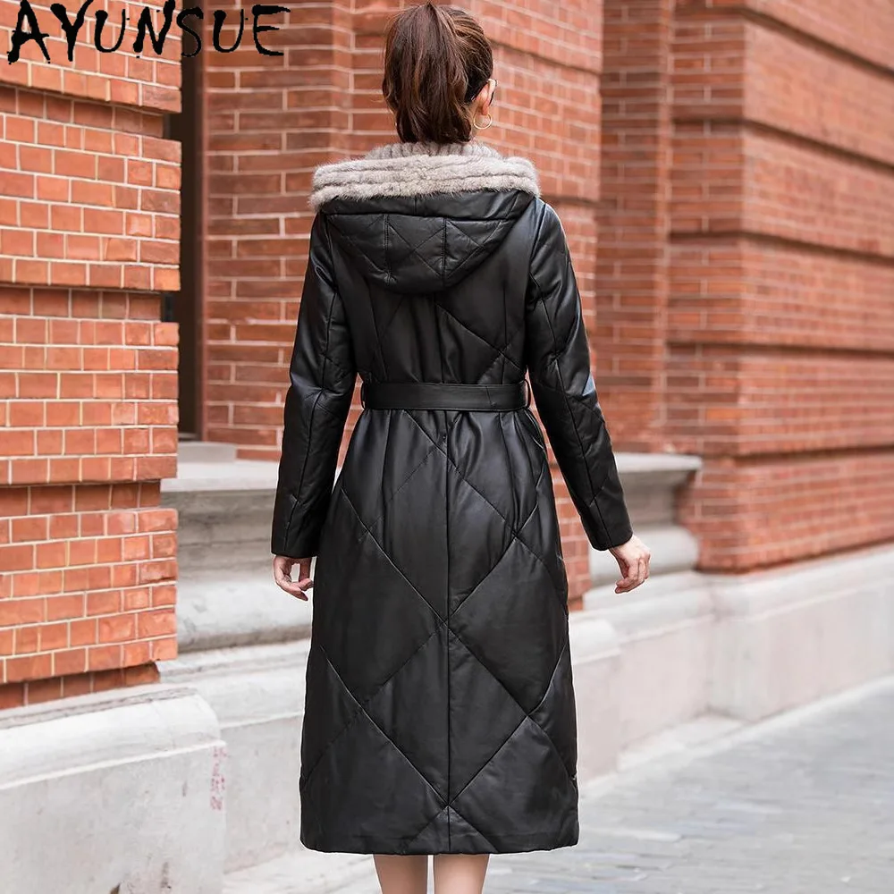 AYUNSUE 진짜 양피 정품 가죽 자켓 여성 겨울 의류 롱 스타일 다운 코트 여성 코트 후드 밍크 모피 칼라