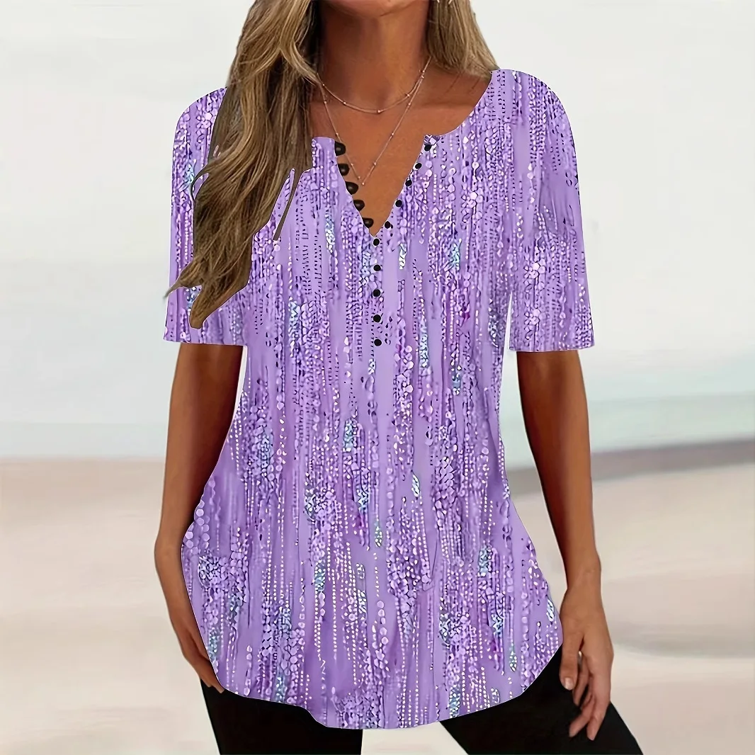 新しい女性のグラデーションファッション通勤 V ネックボタン半袖 T シャツトップ