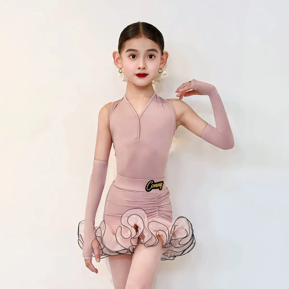 パフォーマンスアクセサリー-ラテンダンスドレス-ガールズ-ピンク-ラインダンス衣装-新商品-ラテンダンススーツ-レディース-ノースリーブ