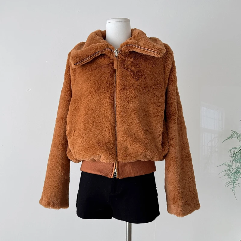 

Осенне-зимнее короткое теплое толстое волосатое лохматое лоскутное пальто из меха кролика рекс, женская роскошная пушистая куртка на молнии, 2024, женская одежда