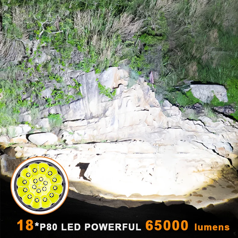 Super Bright P80 * 18 Solar 65000 Lumens Cooling Fan Searchlight Rechargeable Light Emitting Diode Flashlight