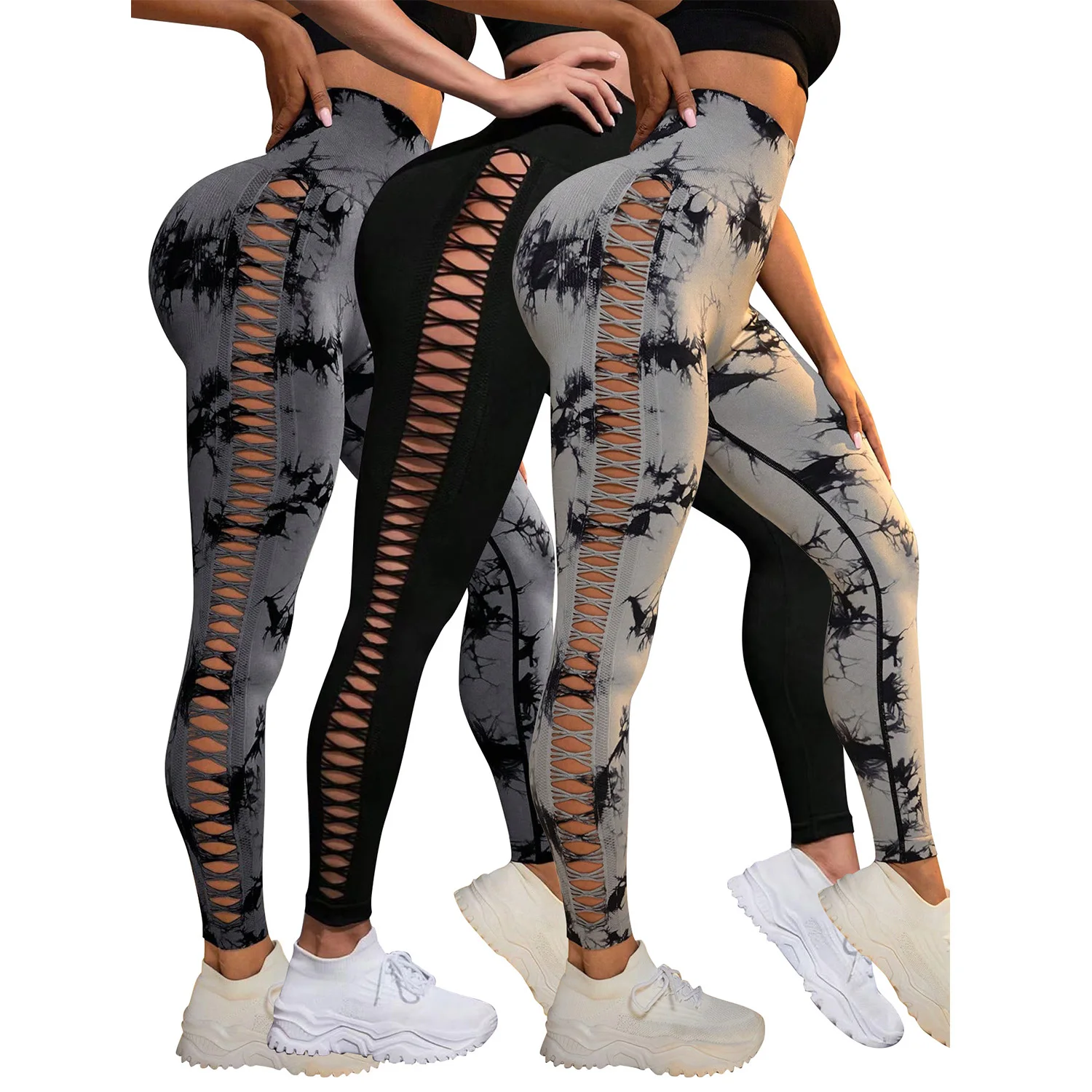 التعادل صبغ الجانب الجوف خارج لفافة ساق غير مخيطة للنساء عالية الخصر اليوغا السراويل Scrunch الورك رفع الجوارب المرنة