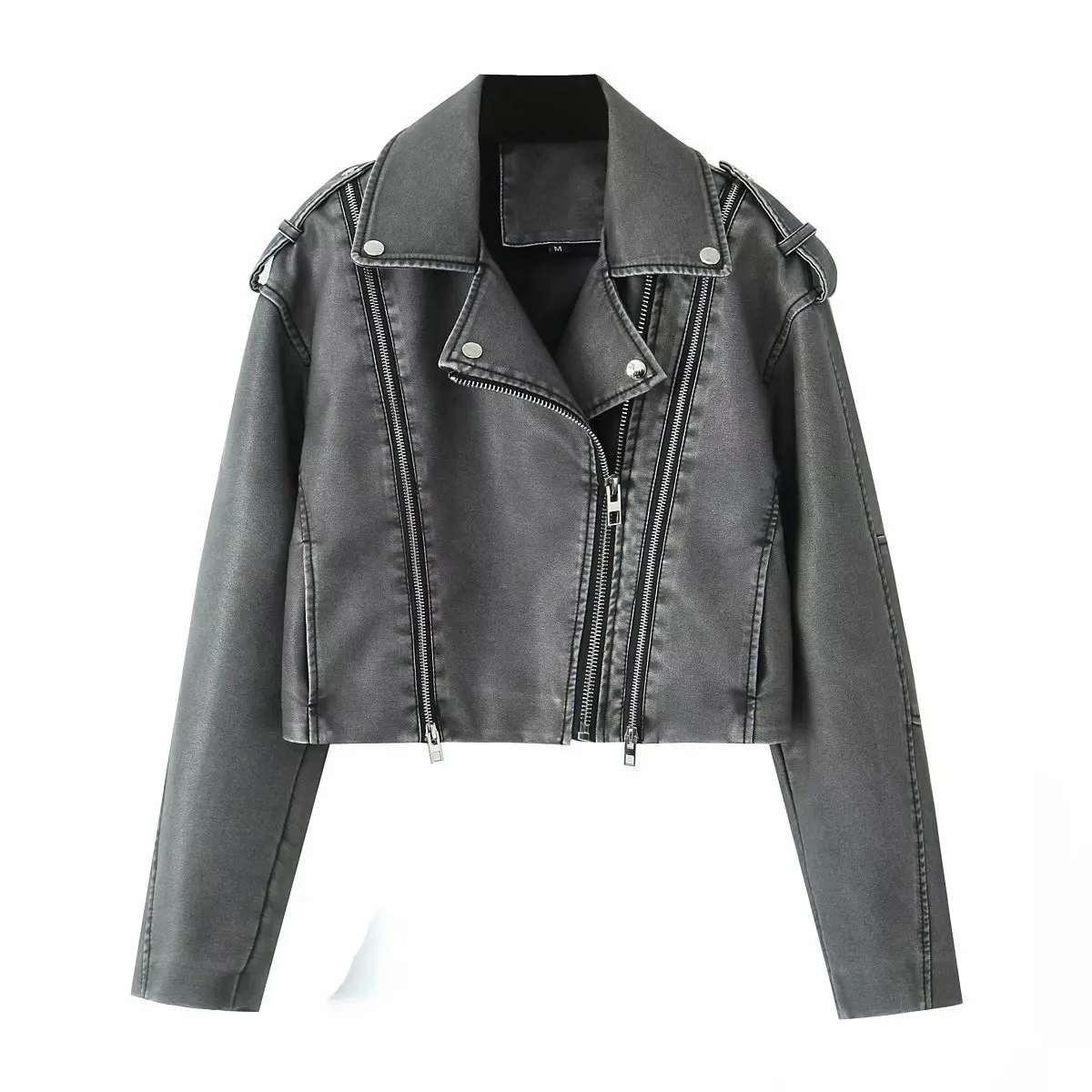 

Trendy Double Color Leather Jaet Worn Look Collarl Loose Fit Women's Faion PU Leather ort Coat Spring 2026