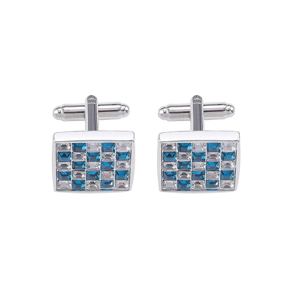 Exquisite Blue and White Checkered Rhinestone Cufflink Checkerboard Diamond Cufflinks Men's Business Dress Shirt Accessories