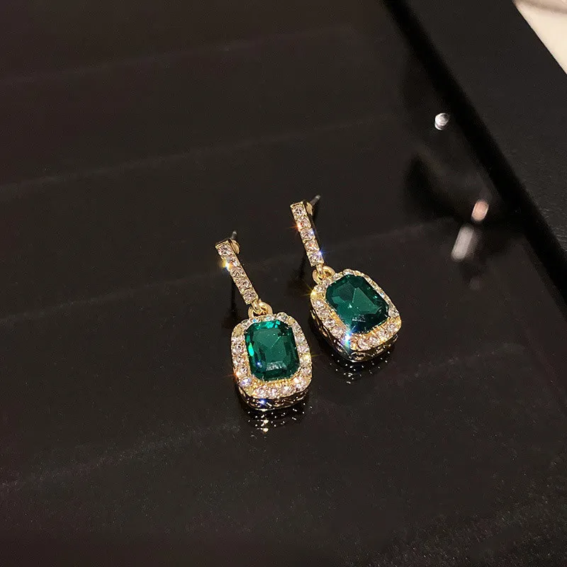 Green Crystal Earrings for Women Geometry Square Dangle Earrings New Fashion Rhinestones Drop Earrings Party Luxury Jewelry Gift
