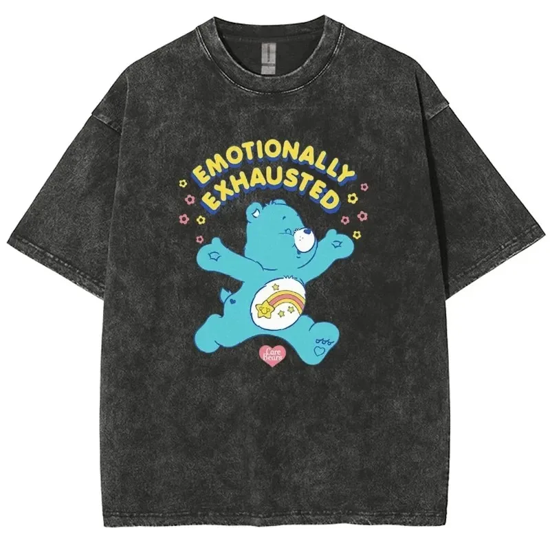 Emotionally Exhausted Y2K Washed T Shirt Men Cute Bear Graphic Kanye Cotton Tshirt Unisex Harajuku T-shirt Clothing