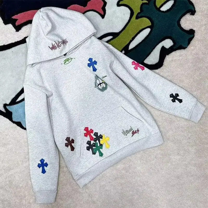 Sudadera con capucha bordada con Cruz colorida para mujer, Jersey holgado de terciopelo, estilo Popular, primavera y otoño, novedad de 2024