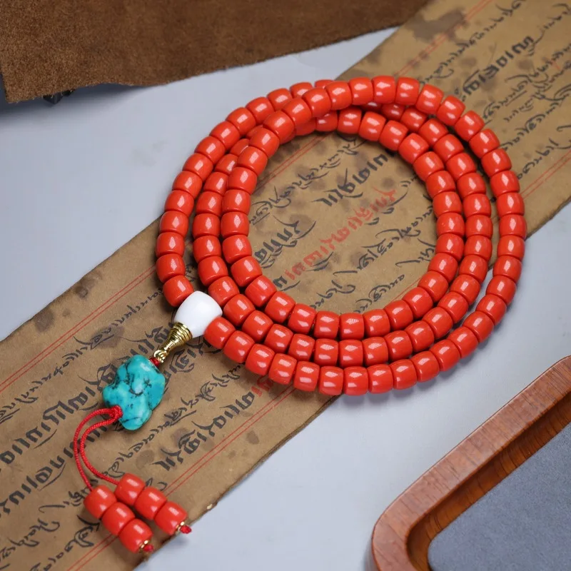 Tibetan-style Momo color high imitation coral necklace, sea bamboo powder pressed barrel beads multi-loop bracelet DIY sweater c