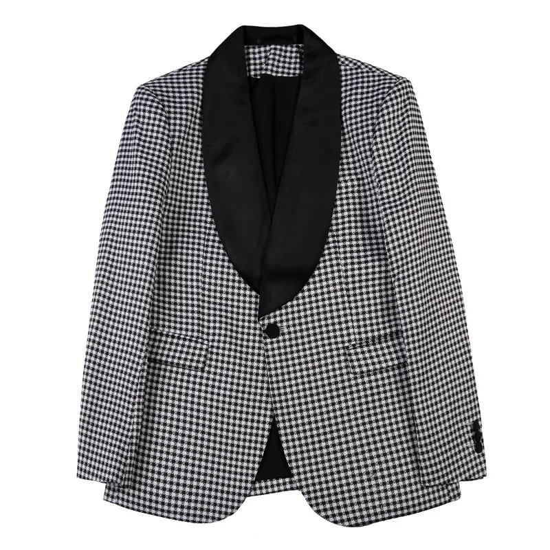 Gentleman\'s Plaid Patchwork Suit Jacket for Men Long Sleeve Slim Casual Business Blazer Masculino Party Banquet Social Jacket