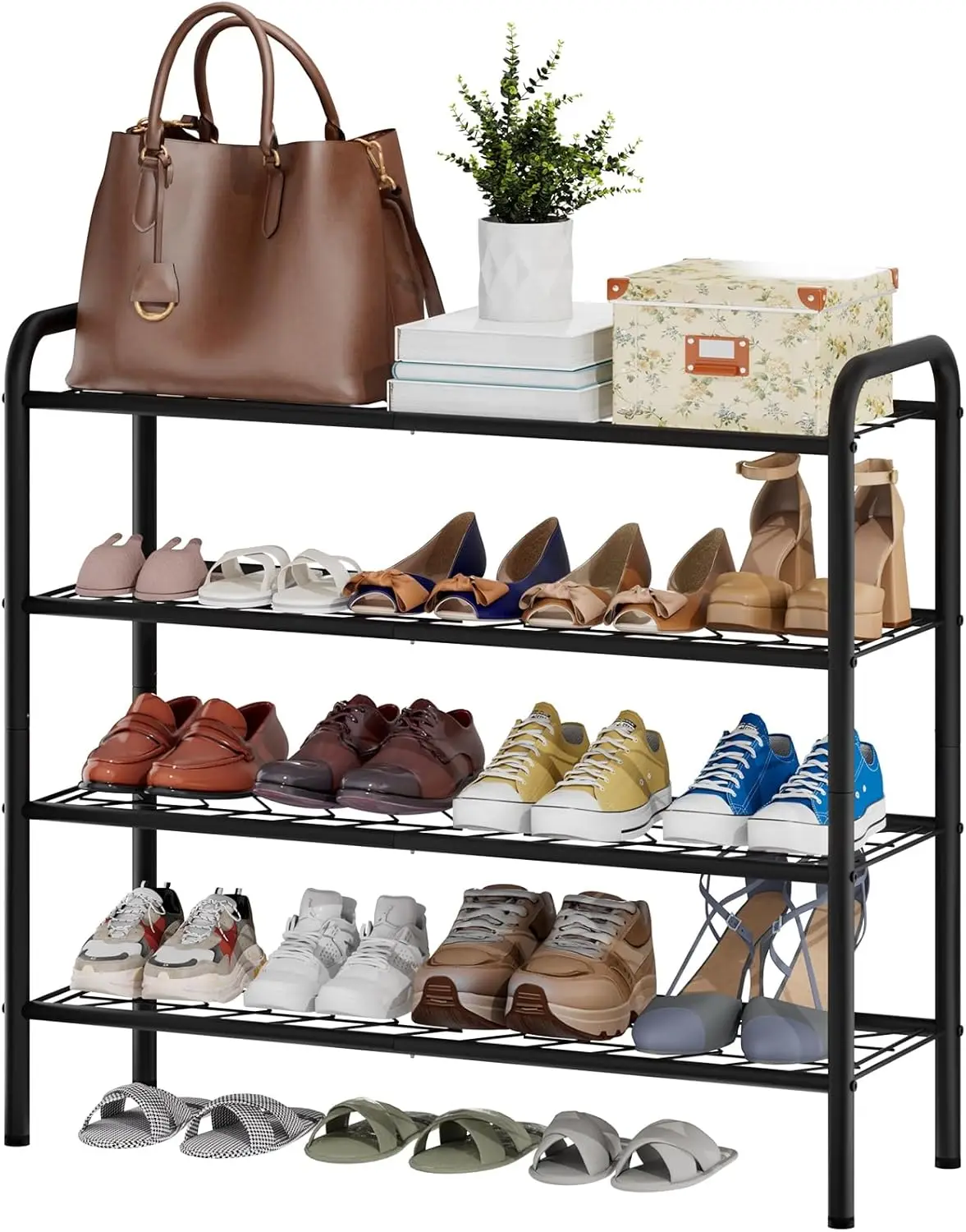 

Shoe Rack for Closet, 4-Tier Long Shoe Rack for Entryway & Garage, Black Shoe Organizer Holds 12-16 Pairs, Sturdy Metal