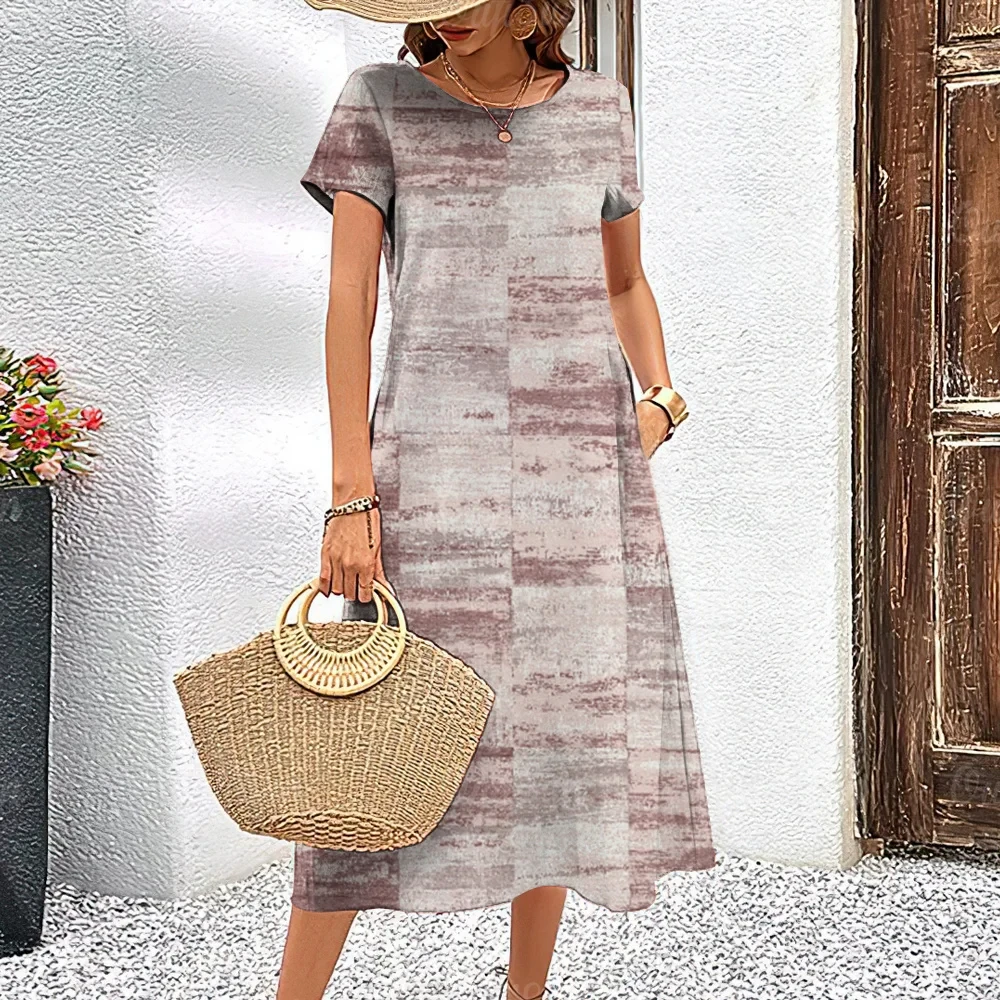 Summer Short Sleeves Dresses Women Dress Loose Classy A-Line Skirt Retro Patchwork Woman Clothing Casual Round Collar Pullover