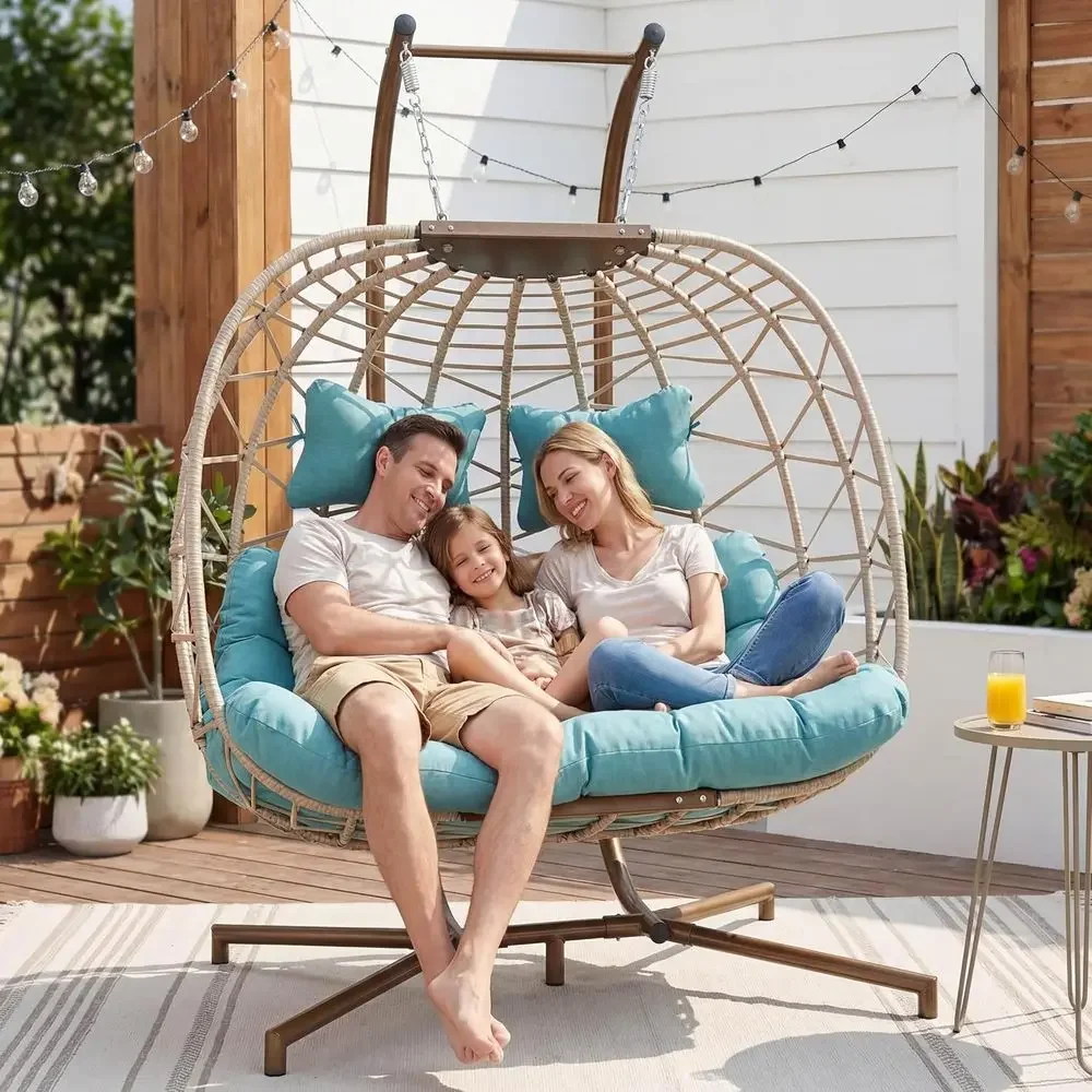 XL Outdoor Double Egg Swing Chair with Cushion, Weather-Resistant Loveseat for Patio, Turquoise