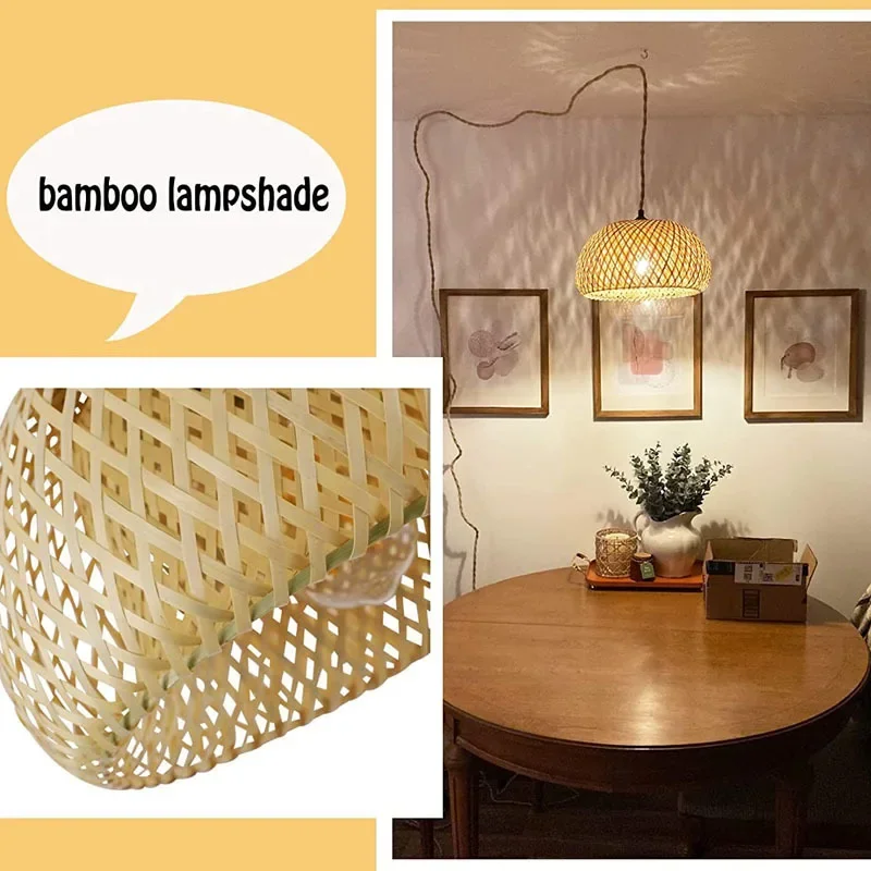 EU Plug in Hemp Rope Pendant Light Hanging Chandelier Lights Hand Woven Bamboo Lampshade for Living Dinning Room Bedroom Kitchen