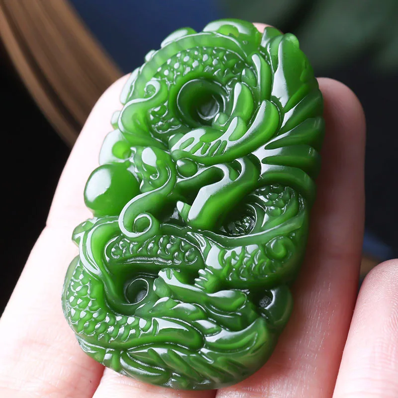 

Natural Blue White Jade Dragon Pendant Necklace Chinese Hand-Carved Charm Jewelry Fashion Amulet Accessories for Men Women Gifts