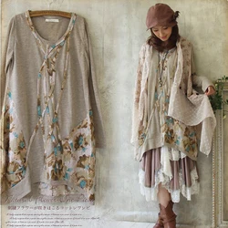 Spring Mori Girl Floral Printed Retro Dress Women Japanese Patchwork Appliques Long Sleeved Cotton Vintage Female Dress A119