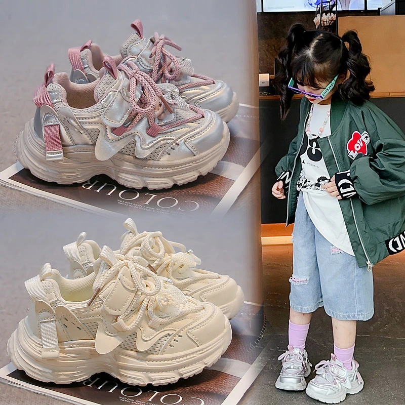 

Girls Mesh Breathable Sneakers Princess Style Kids Sports Shoes with Lace 2025 New Fashion Girls Running Shoes