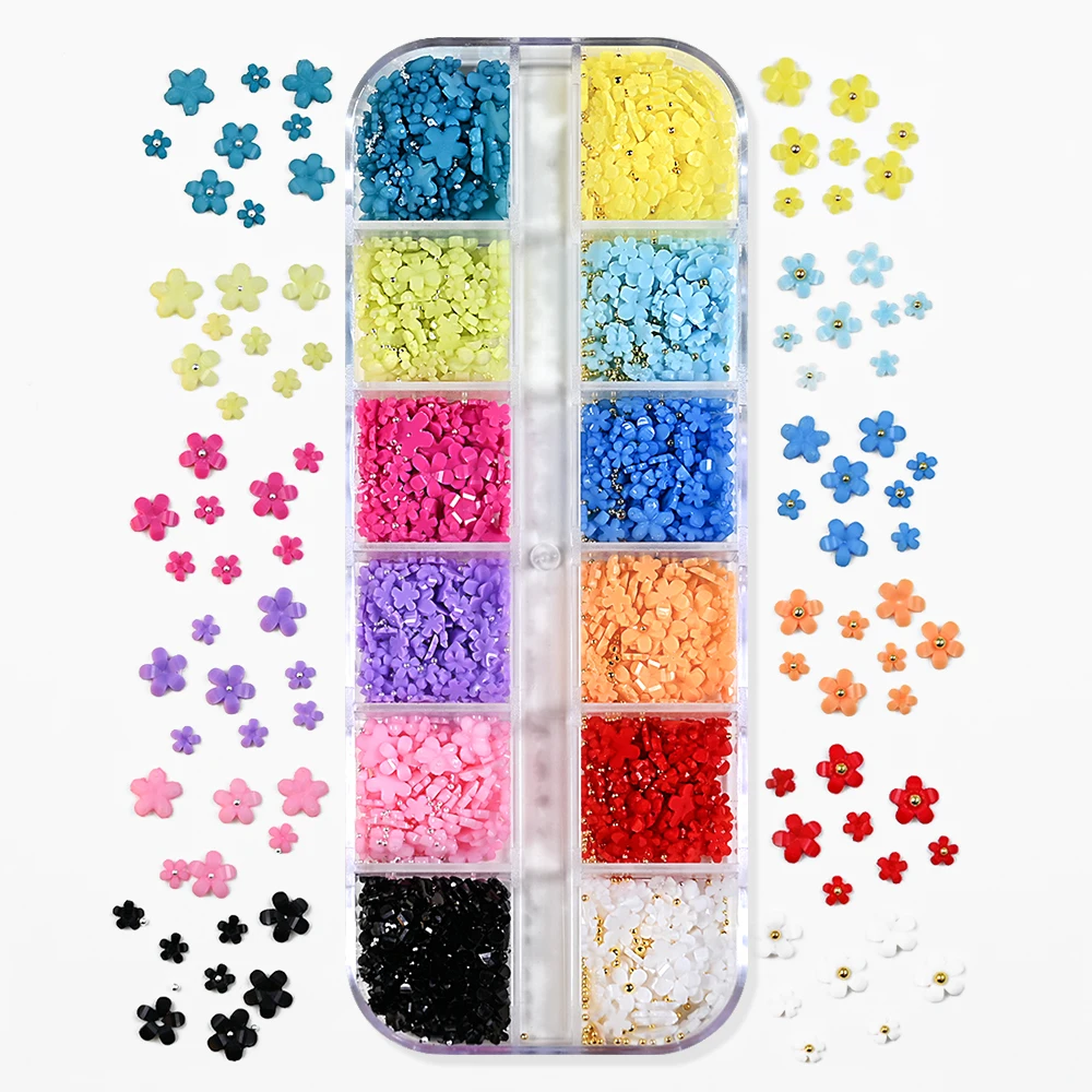 12 grades coloridas flor acrílica amuletos de unhas 1000 + mini resina 3d flores de cinco pétalas contas de caviar peças de unhas misturadas diy fornecimento de unhas