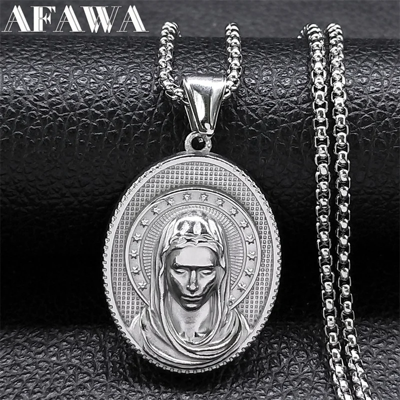 

Vintage Virgin Mary Prayer Christianity Necklaces for Men Women Stainless Steel Silver Color Christian Necklace Jewelry collier
