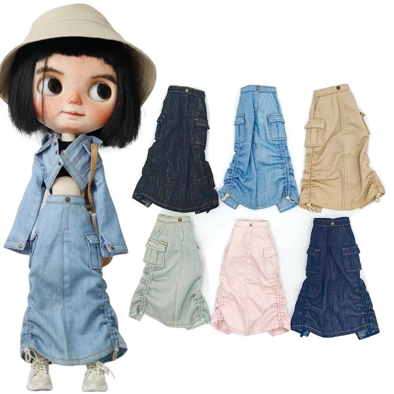 Doll Dress for Blythe Jeans Dress for Ob24 Ob22 Azone Doll Coat Denim Drawstring Skirt