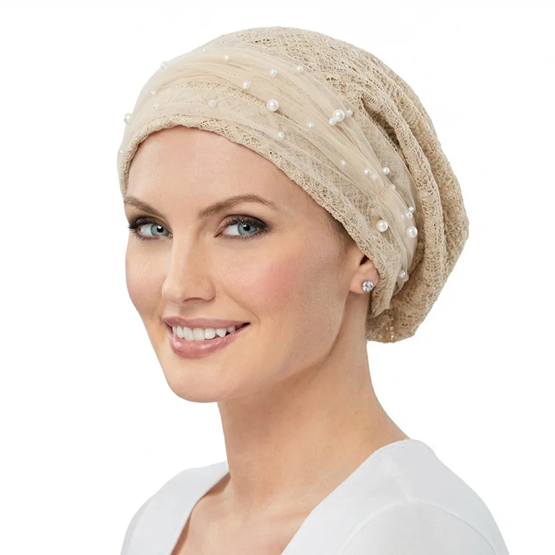 

New Spring Elegant Beaded Mesh Cotton Beanies Cap Breathable Elastic Chemo Caps African Headwrap Bonnet Muslim wrap Head Cap