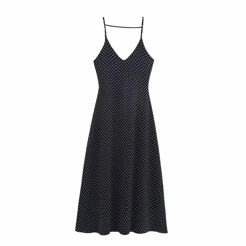 

Women's Polka Dot Backless Midi Dress V-Neck Sleeveless Spaghetti Strap Gown Sexy Elegant Low Flowing Gown for Holiday Party