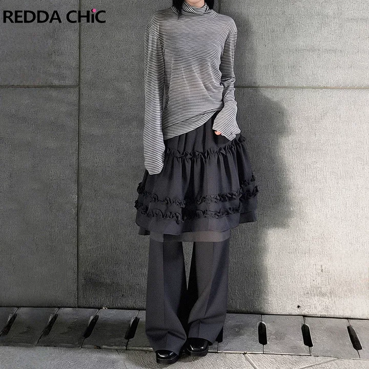 REDDACHiC Gray Grunge Dress Pants for Women Retro Plain Frilly Ruffle Elastic Waist Straight Wide Work Pants Korea Everyday Wear