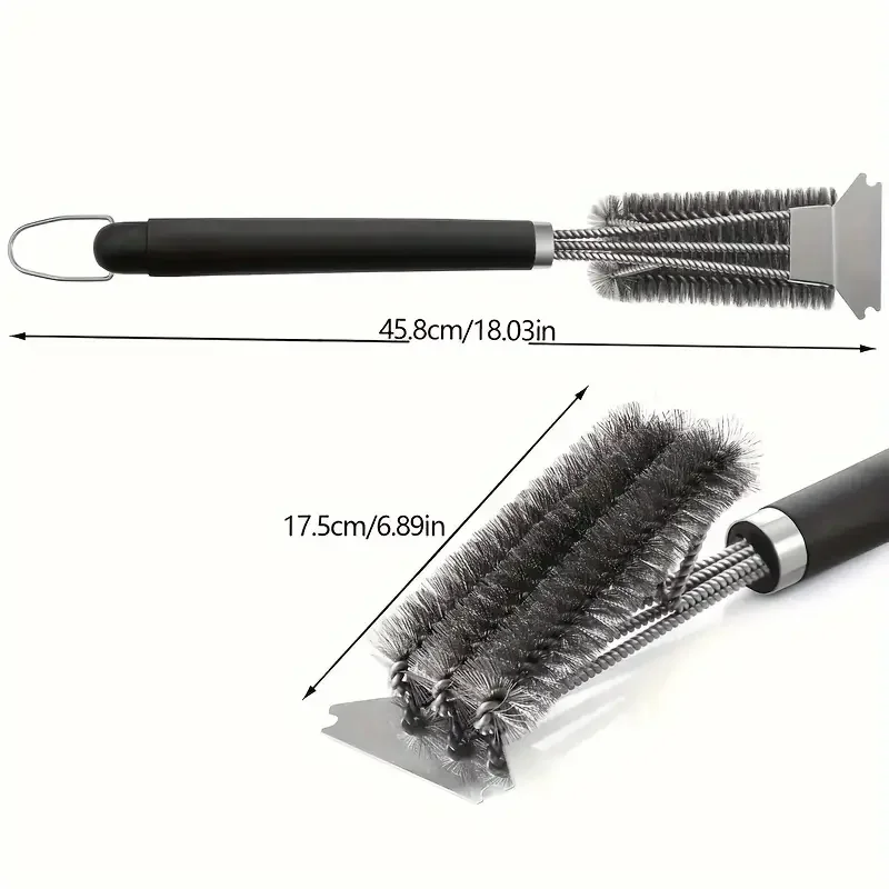 1 piece, professional three-end barbecue brush with spatula, stainless steel bristles, long handle-kitchen and barbecue utensils