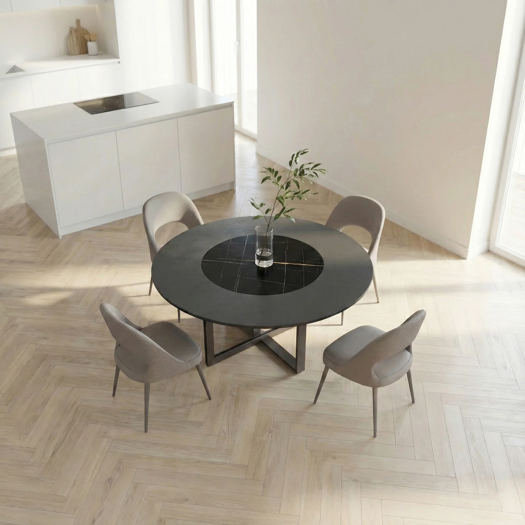 

6 Seater Dining Room Set Natural Marble Table And Upholstered Chairs For Commercial Restaurant