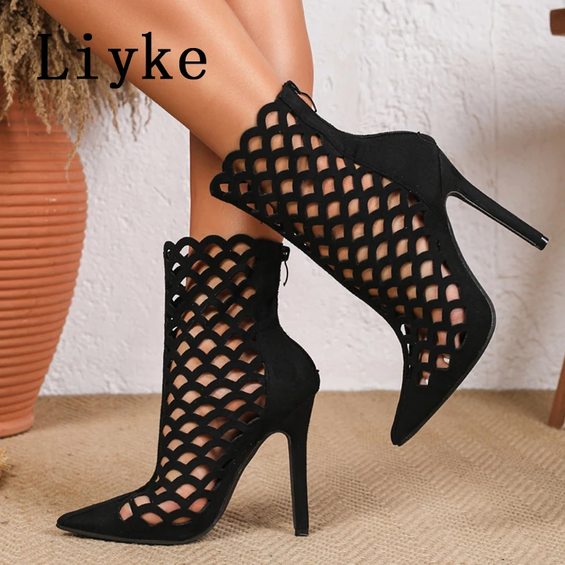 Liyke New Sexy High Heels Hollow Mesh Ankle Boots Women Fashion Trend Comfort Peep Toe Stilettos Jazz Dance Female Shoes Size 42