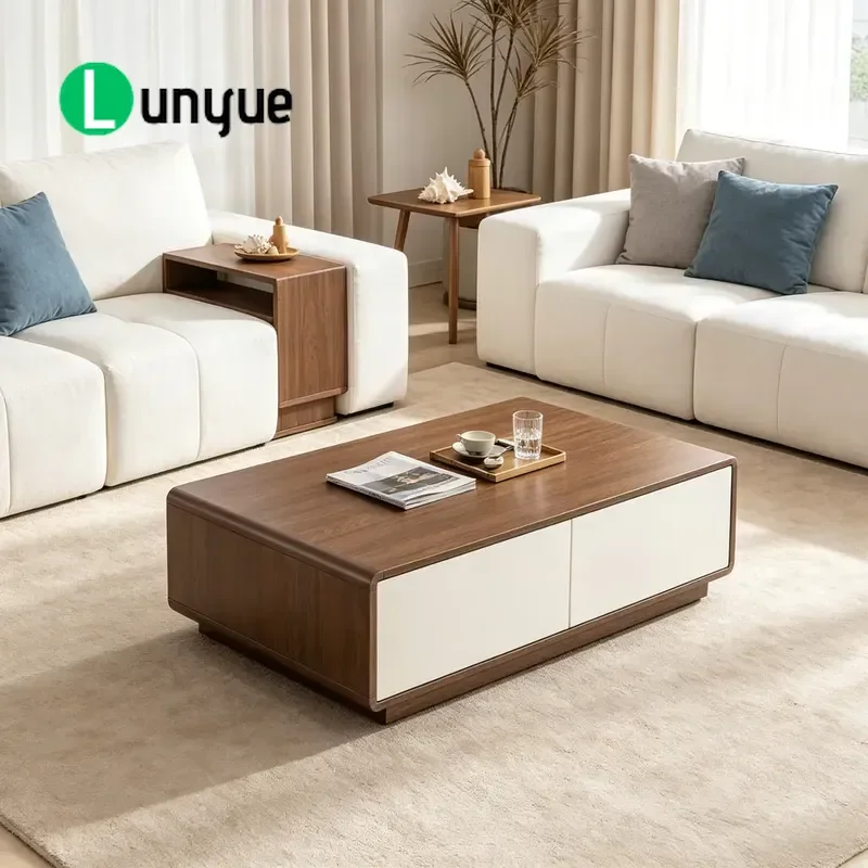 Modern Rectangular Wooden Coffee Table Walnut Color White Panels Hidden Storage Drawers Low Height Easy To Clean For Family