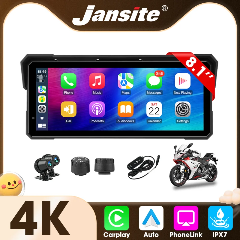8.1 Inch Motorcycle Waterproof Wireless Carplay Android Auto 4K 1080P Dual Camera Portable Navigation GPS Screen Display Dual BT