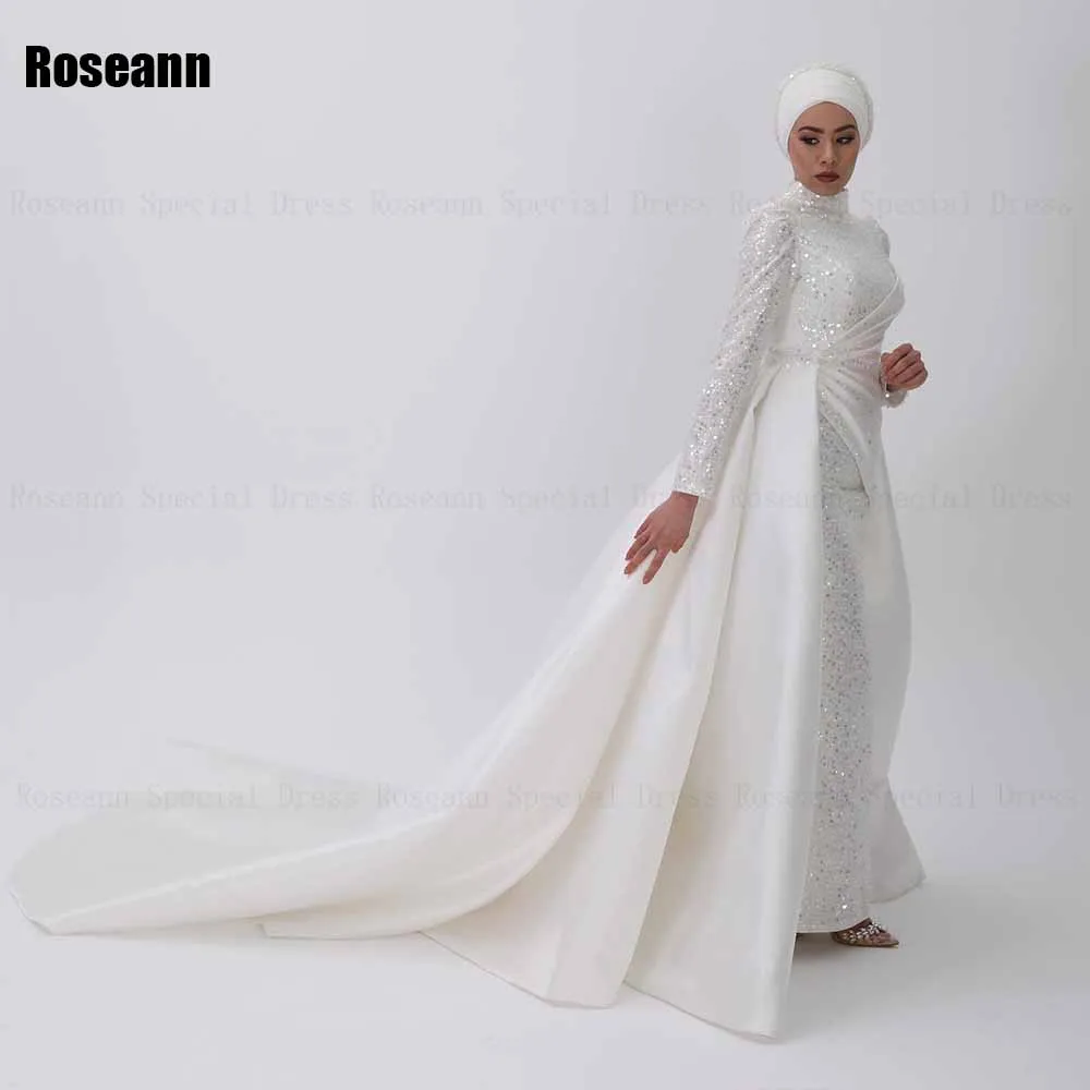 Muslim Fashion High Collar Mermaid Wedding Dresses Knot Ruffle Paillette Draped Pleat Floor Length Bride Dress robe de mariée