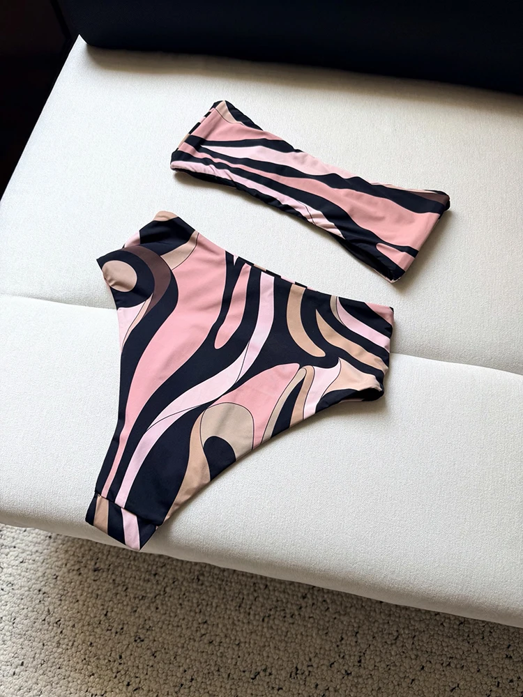Summer Fashion Beach Style Geometric Print Sexy Bikini Set Women's Metal Buckle Strap Ultrashort Strapless + Low-waist Shorts