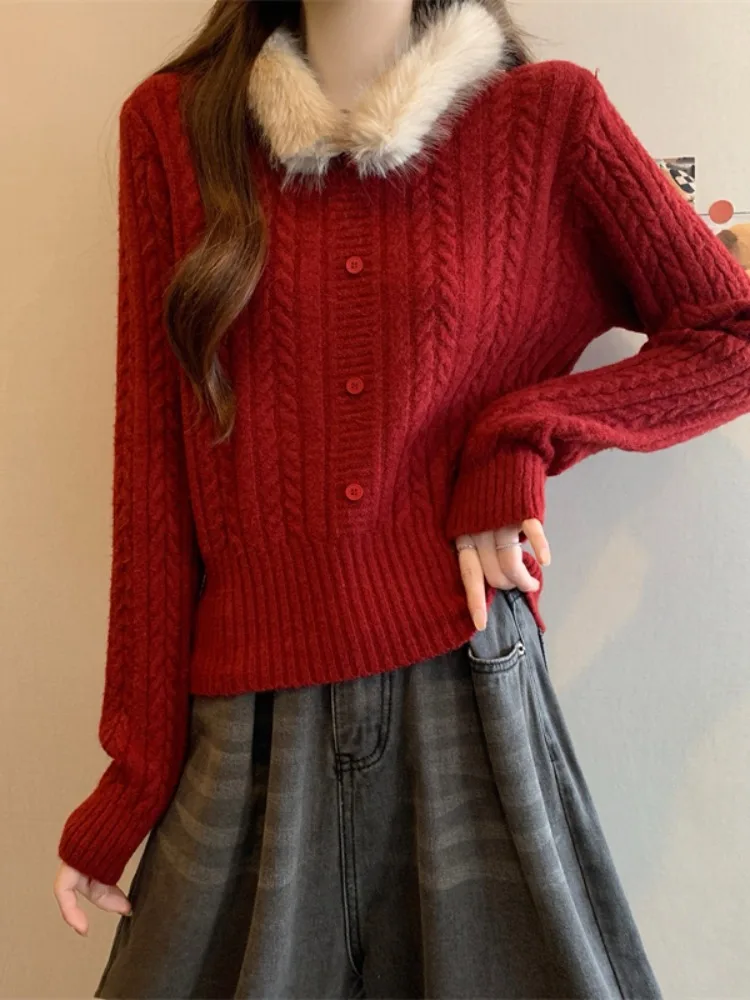 

Women's Knitted Sweater with Fur Collar Twist Yarn Red New Year Luy Year Autumn Winter Warm Top Faionable Commute Sle